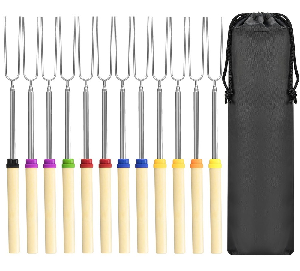 12 Pack Marshmallow Roasting Sticks Set, 12 Non-Rotating, Multicolor