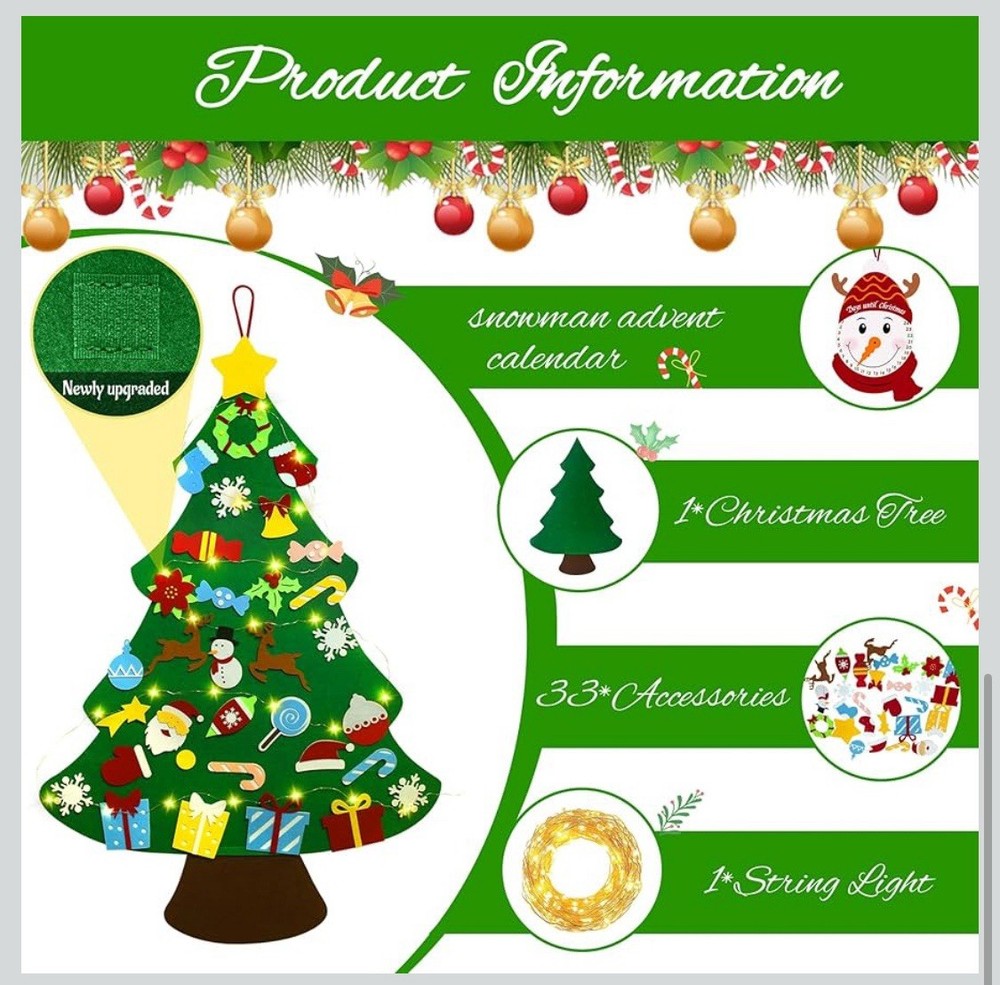 Flechllary 3ft Felt Christmas Tree Snowman Advent 33Ornament StringLight Need2AA