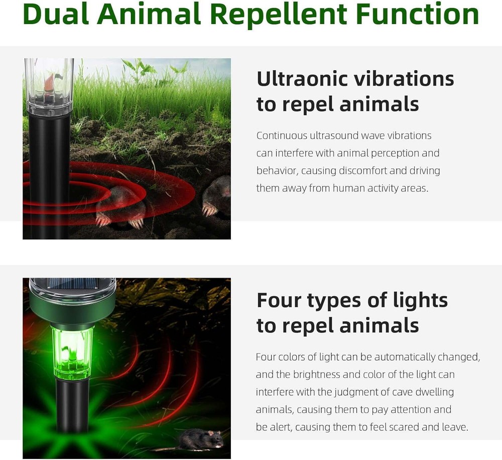 4-Pack Solar Ultrasonic Mole Repeller: Waterproof Sonic Spike with LED Light