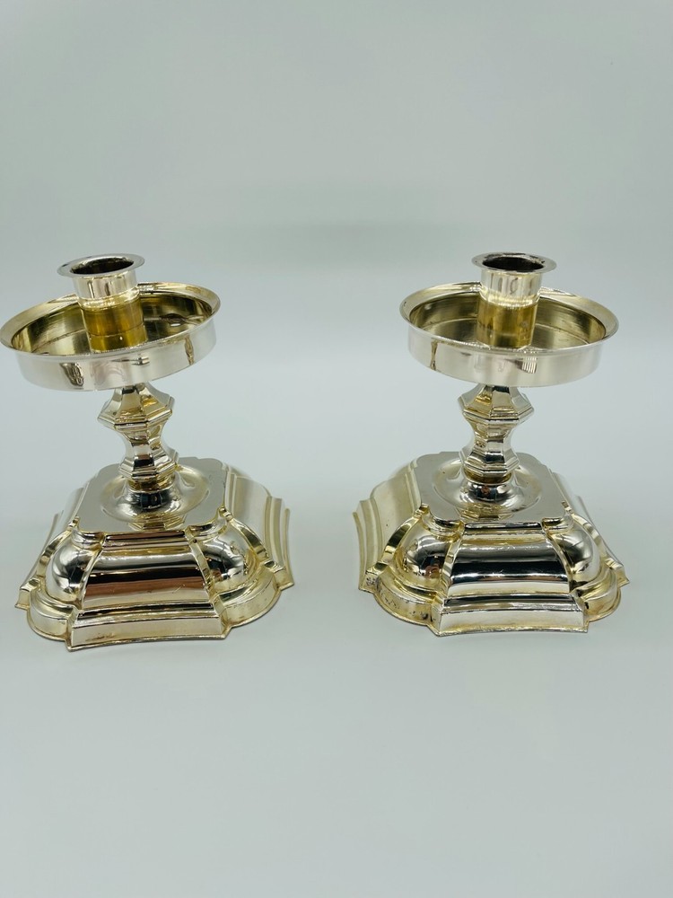 Pair Danish Denmark Silver Plated Candlesticks & Tray