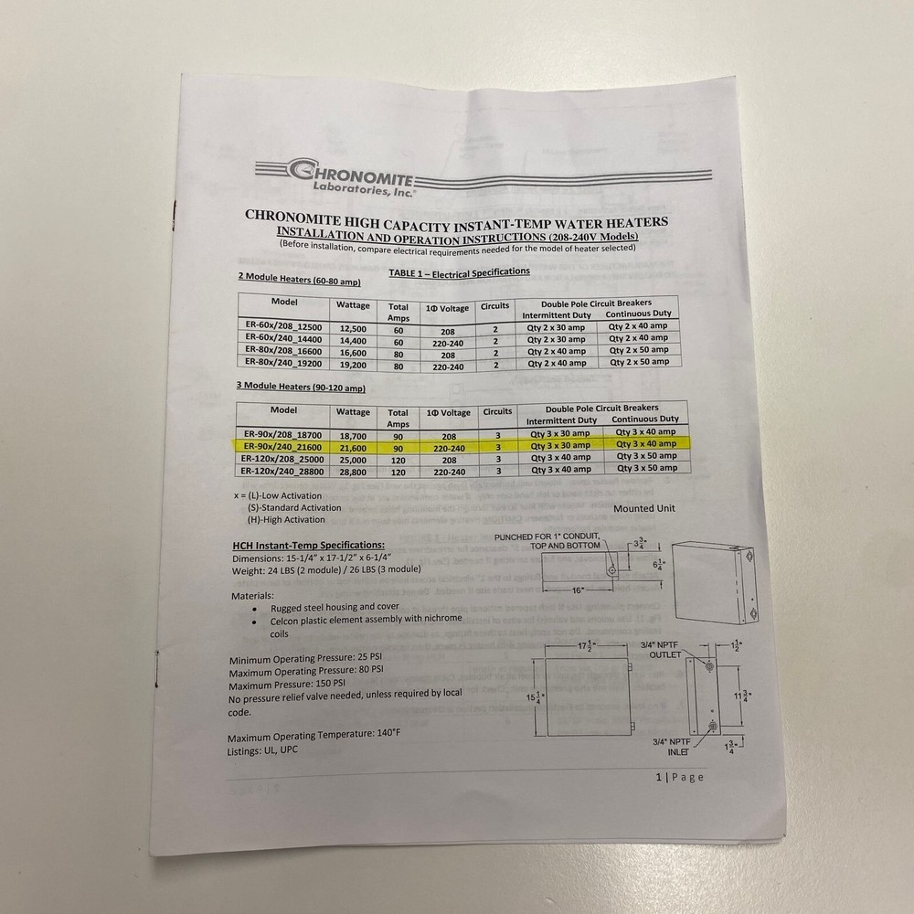 Chronomite Instant Tankless Water Heater ER-90L/240_21600 Commercial Residential