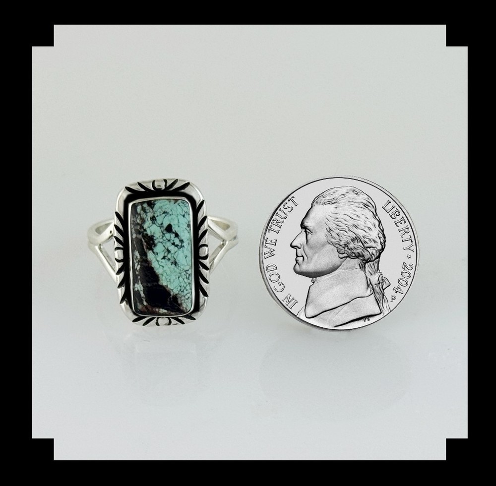 Handcrafted Sterling Silver and Blackjack Turquoise Ring Size 8 1/2
