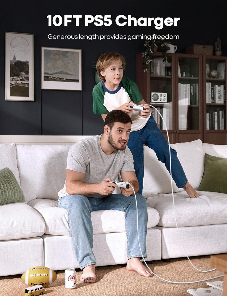 White PS5 USB C Charging Cable 10ft, Long Controller Charger