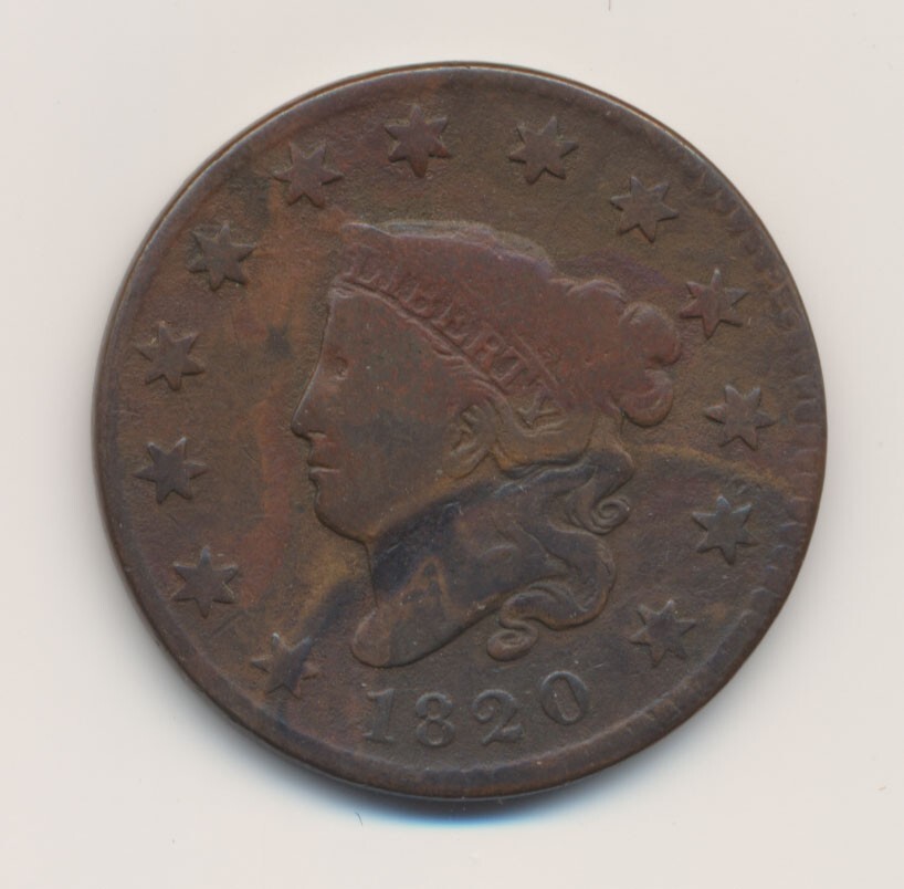 1820 Matron Head 1c Coronet Large Cent Multicolored Toning A