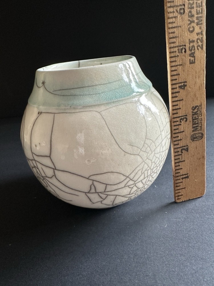 Raku Studio Pottery Vase Crackle Aqua Signed 5″×4.5”