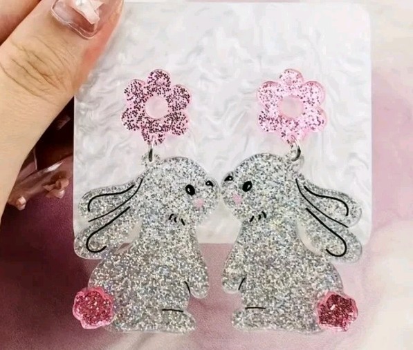 Festive Easter Bunny Acrylic Earrings Glittery Silver& Pink Lightweight Dangle,