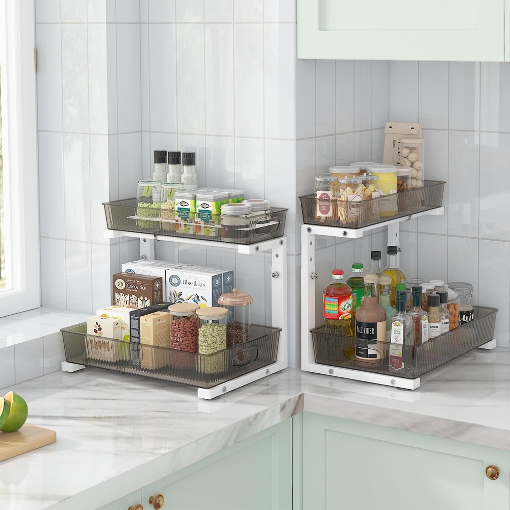 ADRIMER Under Sink Organizer 2 Packs Pull Out Kitchen Sink Organizer 2 Tier Slid