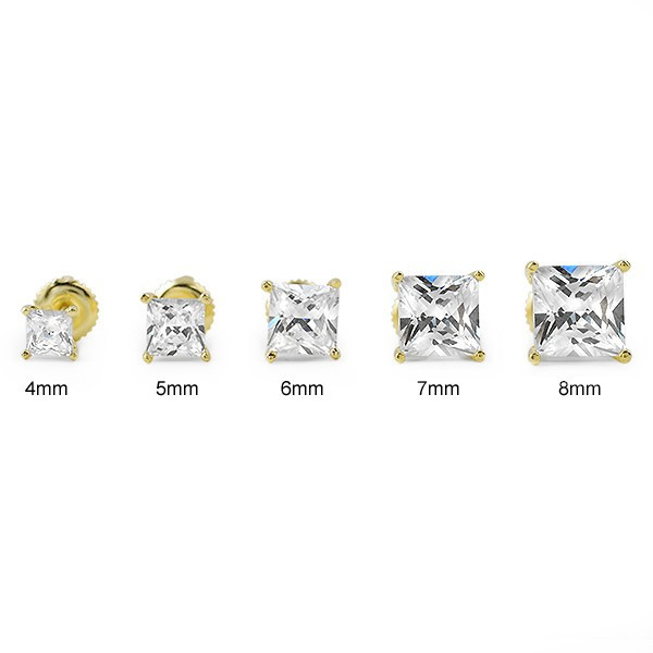 Princess Cut AAA CZ Gold Stud Earrings Screwback