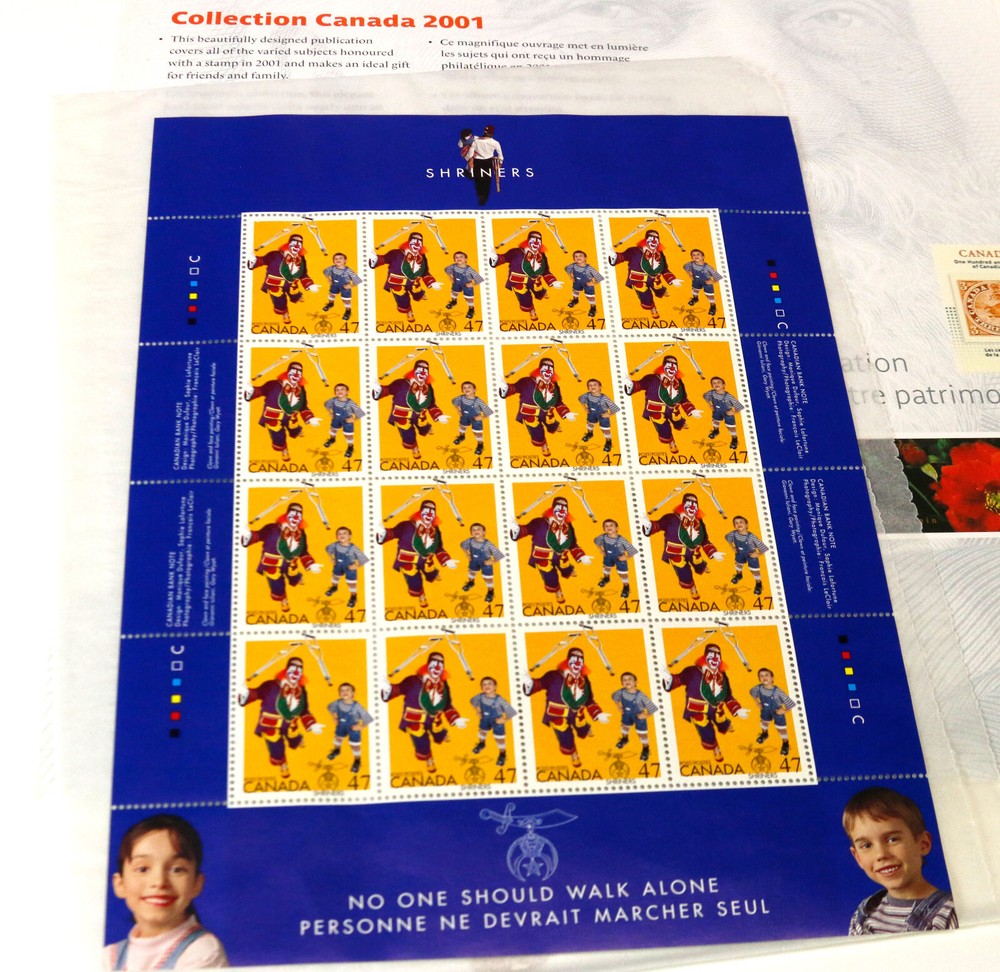 Collection Canada 2001 Stamp Yearbook plus Shriner stamp block sheet & dat/issue