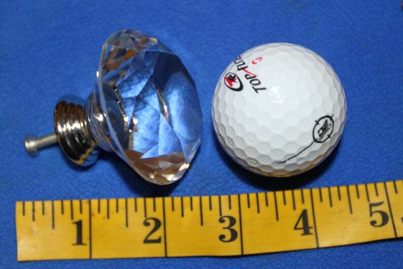 (2) knobs Large Crystal Look Glass Knob Pulls Diamond Cut Solid, 2" dia., HW-DL2