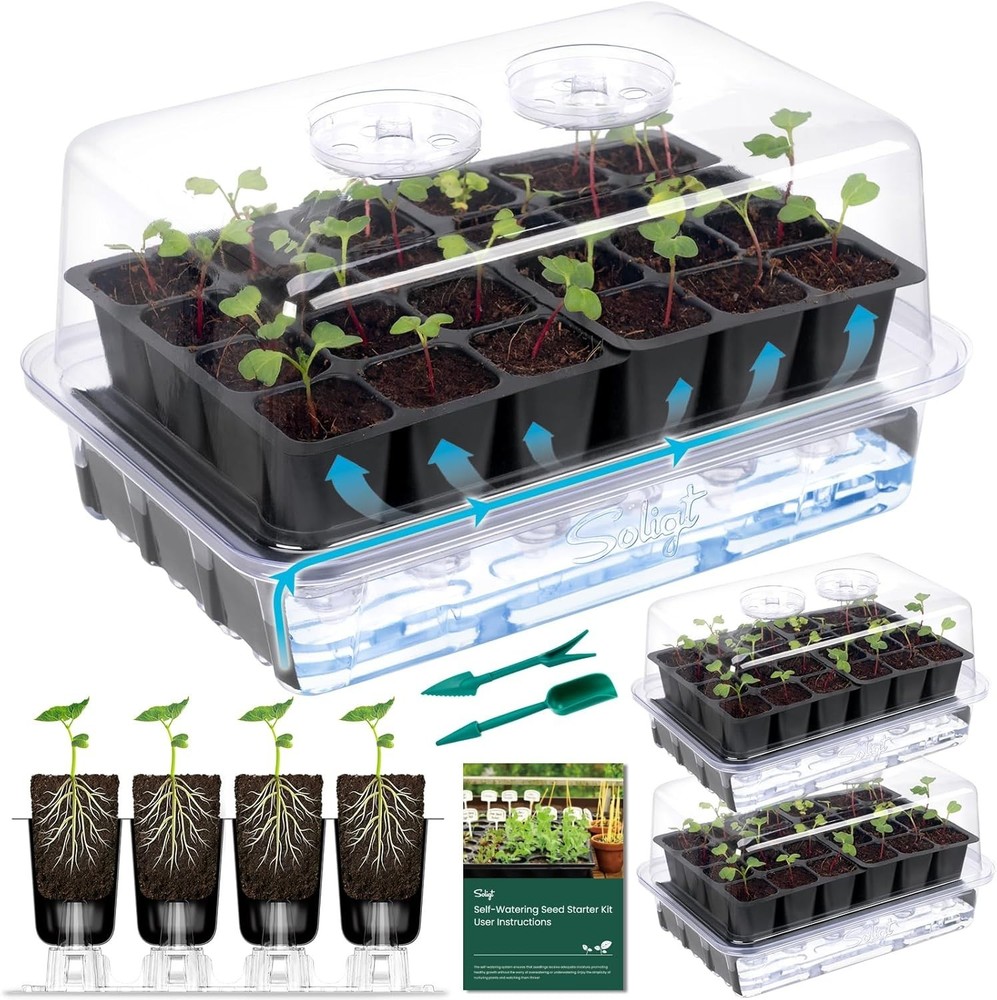 Compact Self Watering Seed Starter Tray with Adjustable Vents - 72 Cell Set