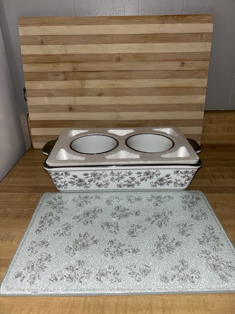 TEMPTATIONS Ceramic Bakeware Set, Rectangular Dish & Ramekins, White Black