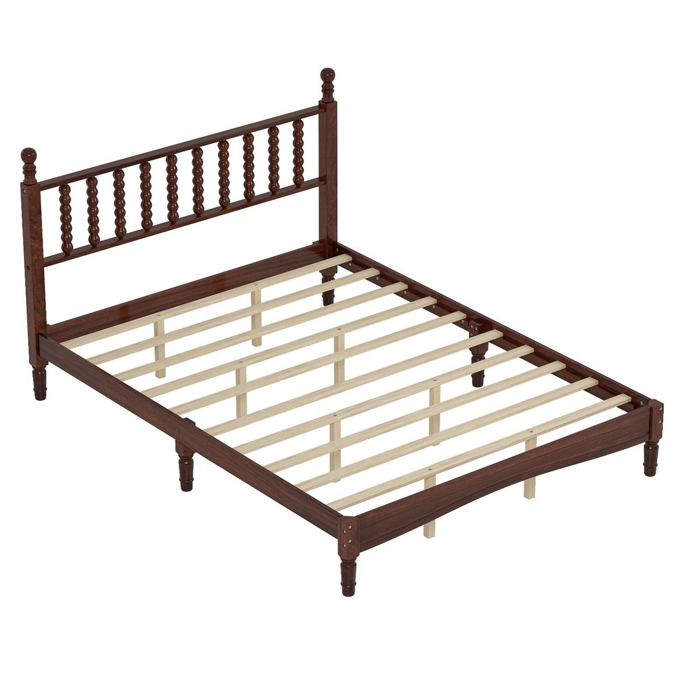 Walnut Queen Size Wood Platform Bed Gourd Shaped Headboard Retro Style Platform