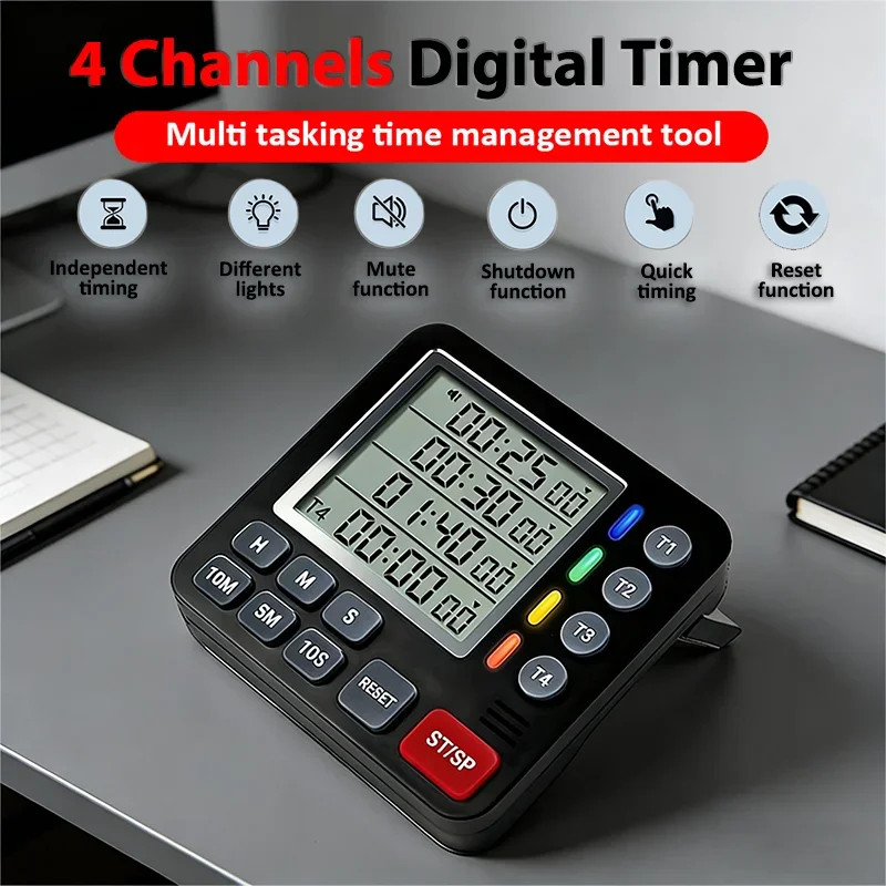 4 Channels Digital Timer Timing Kitchen Timer Learning/Catering Use LCD Display