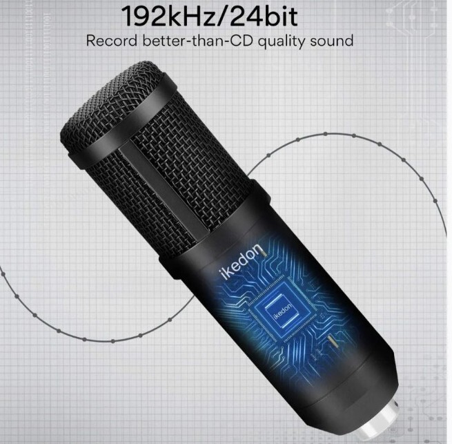 IKEDON USB Condenser Microphone, 192KHZ/24Bit Plug & Play Mic Setup