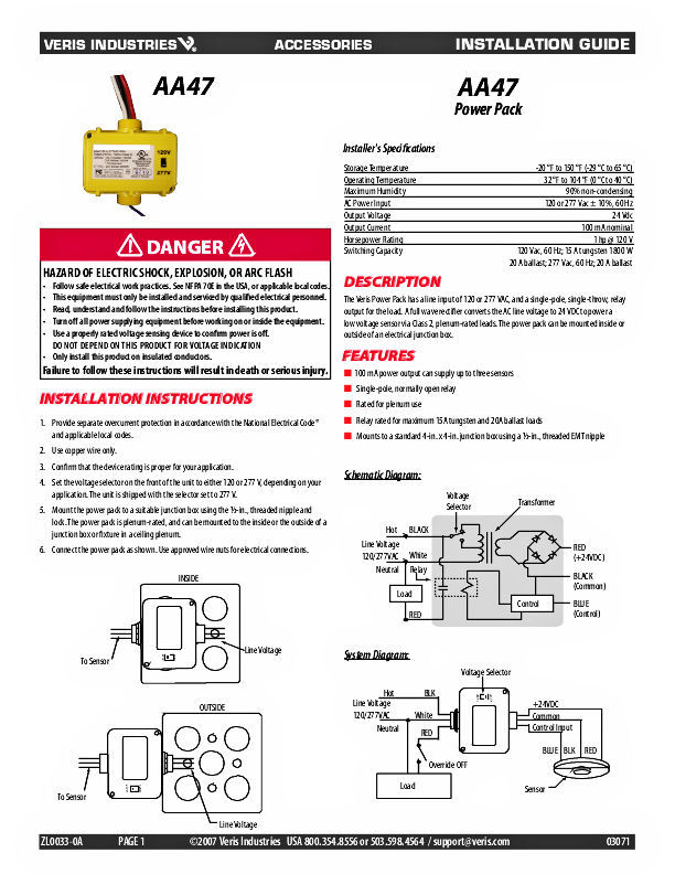 Veris AA47 MSC Series Motion Detector Power Pack NEW