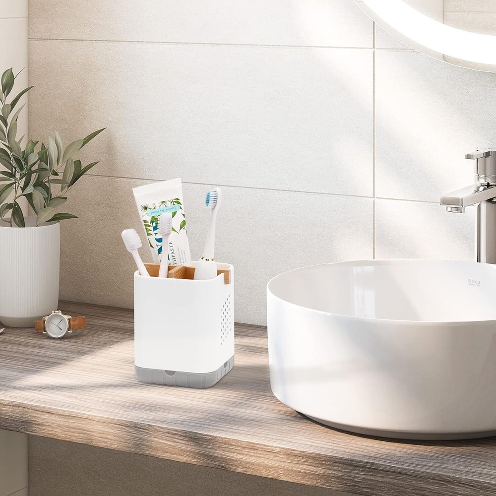 Boperzi Toothbrush and Toothpaste Holder with Bamboo Divider for White&gray