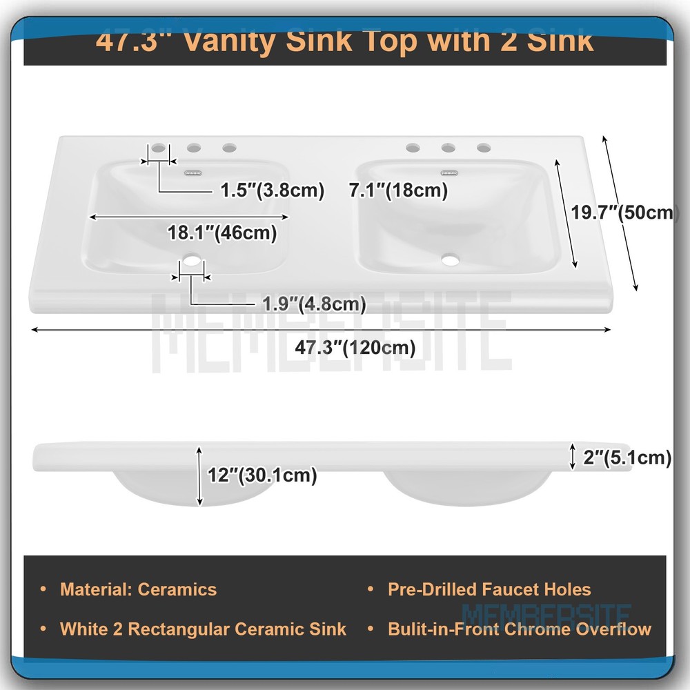 47.3" Bathroom Vanity Double Ceramic Sinks Storage Cabinet Bathroom Freestanding