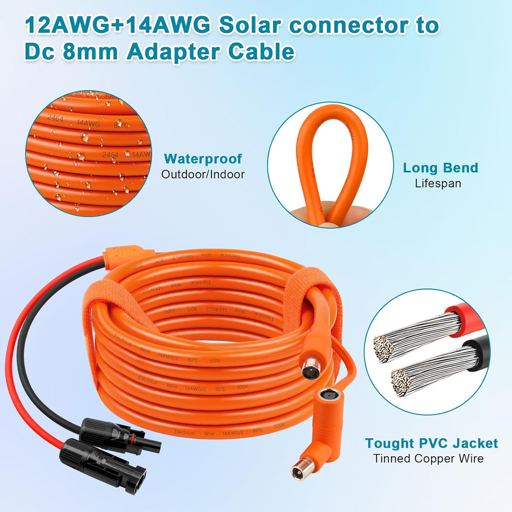 50FT Solar Panel to DC Adapter Cable, Tinned Copper Wire for Power Stations