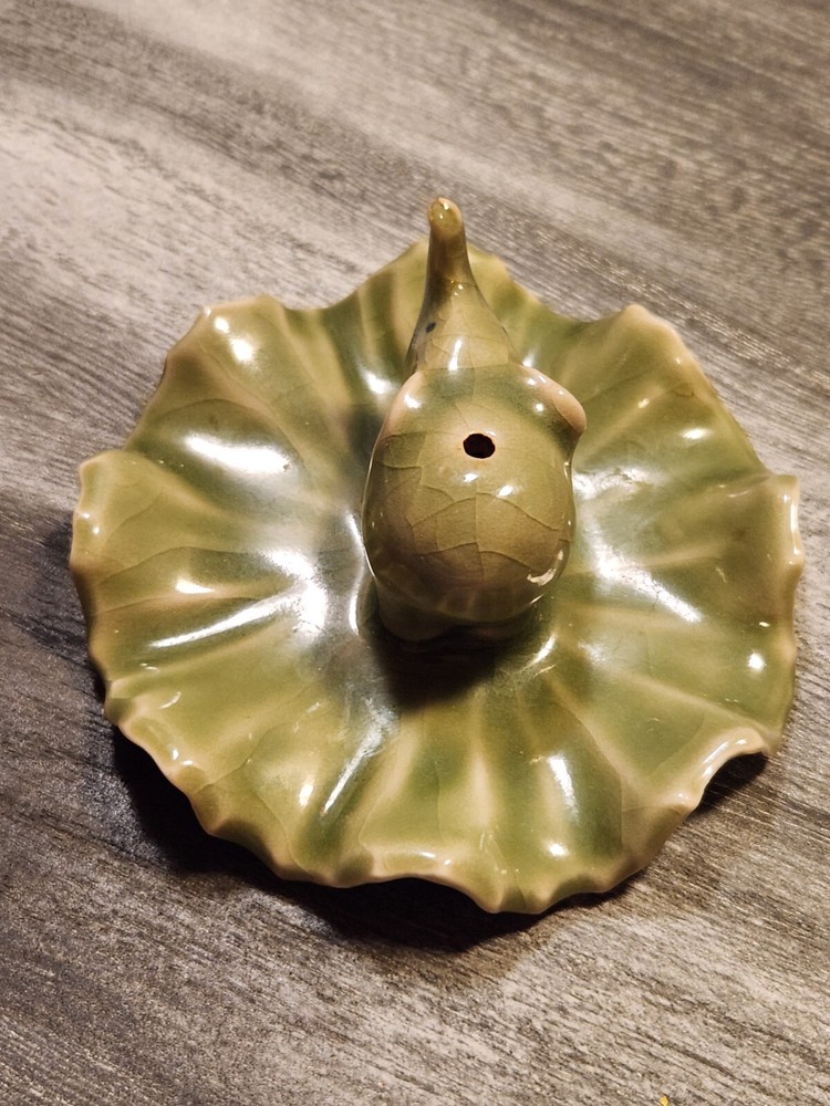 Elephant On Leaf Green Ceramic Incense Burner Holder or Ring Holder