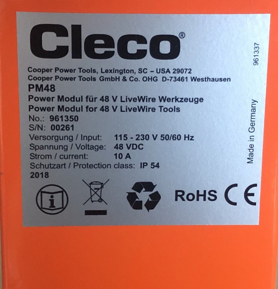 CLECO Cooper Power Tools Vmax Livewire 48 Volt Tool Power Supply Module 961350