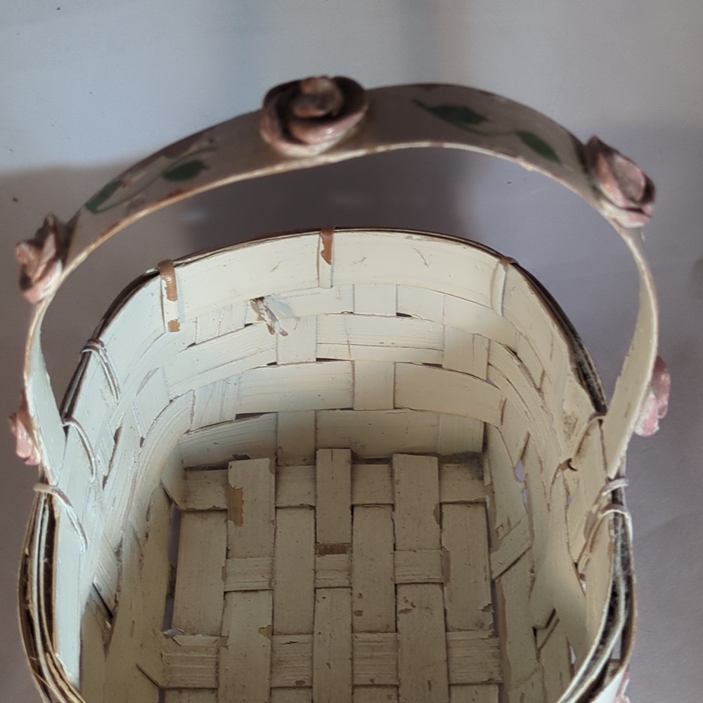 Ivory Rectangular Decorative / Easter Basket With Pink Rose Accents and Handle