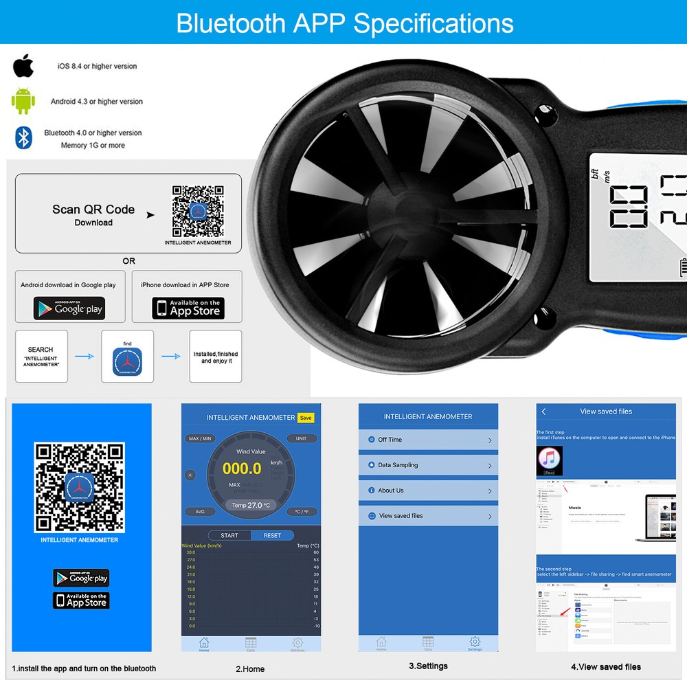 98217Handheld Anemometer Bluetooth Digital Wireless Wind Speed Gauge Meter CFM