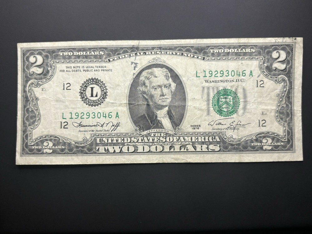 1976 $2 Two Dollar With Wet Ink Error/Partial Anniversary Date Circulated