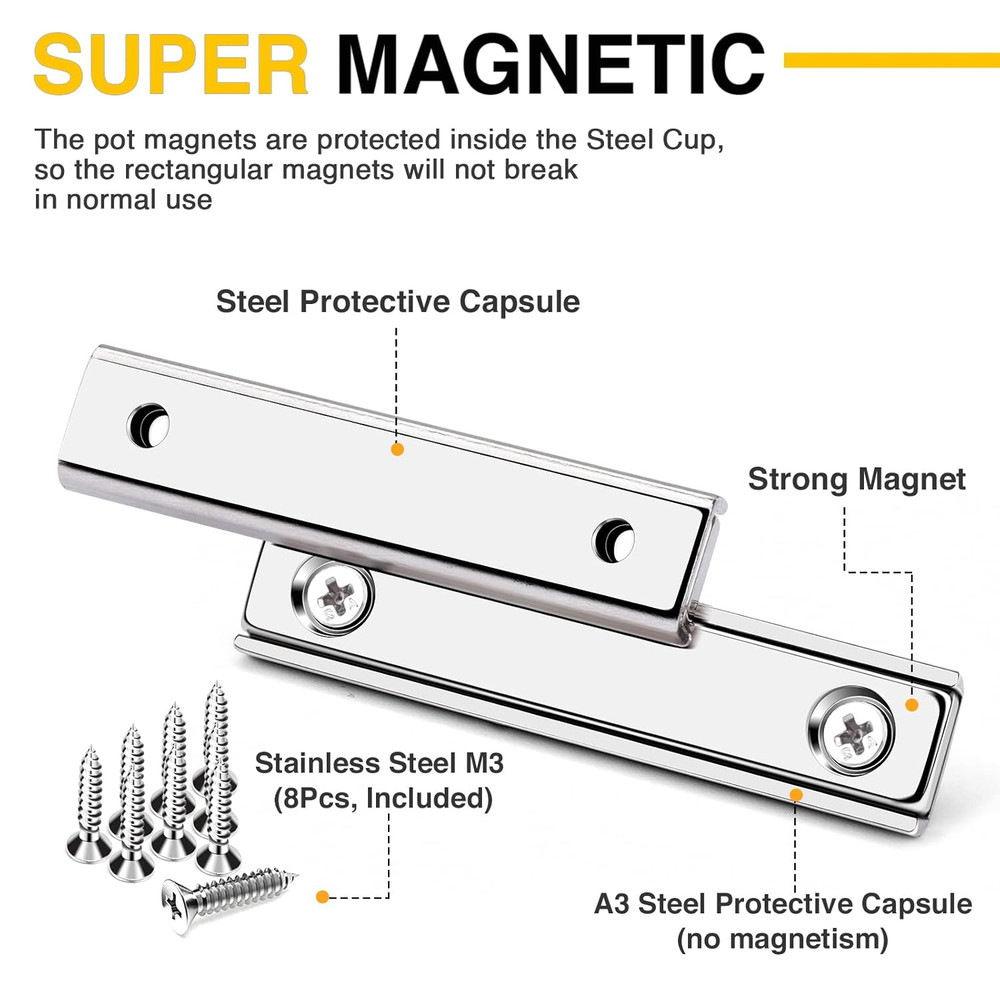 Strong Neodymium Rectangular Pot Magnets with Counter Bore, 70LBS(32 KG) Pulling