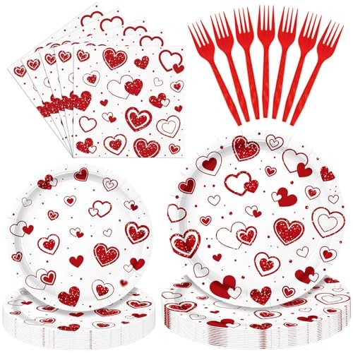 96 Pieces Valentine’s Day Tableware Set – Red Heart Disposable Plates,