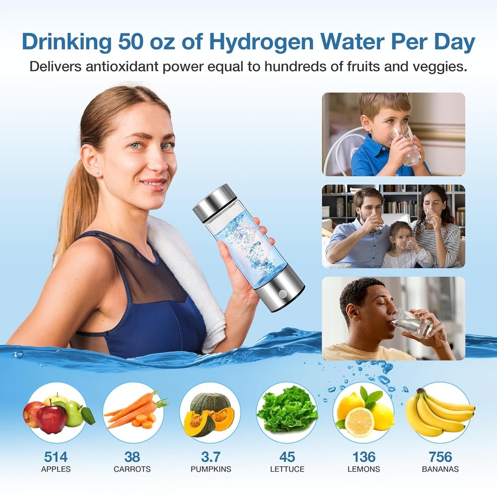 Hydrogen Water Bottle 16 oz Ionized H₂ Hydration Bottle USB-C Rechargeable