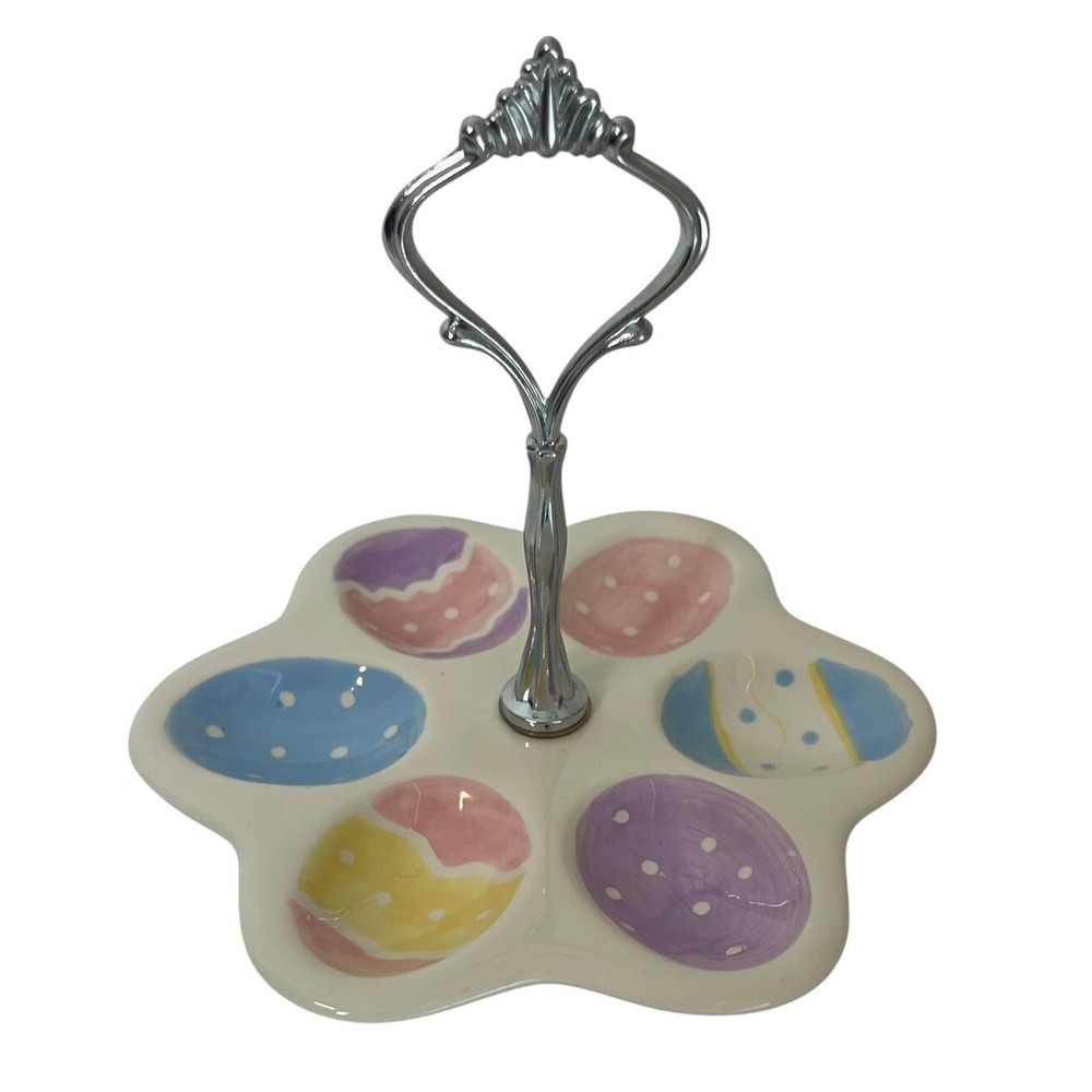 Easter Egg Tray Colorful Ceramic Platter Holds Six Dyed Eggs Silver Tone Handle