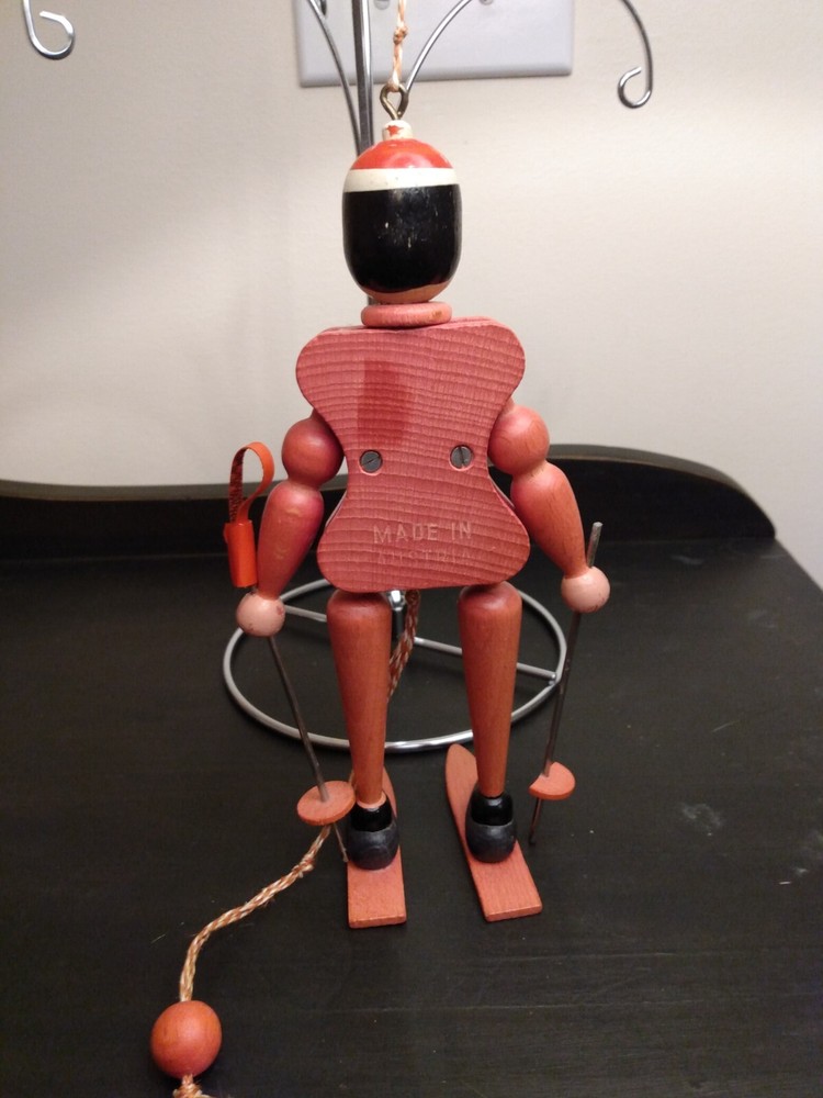 Vtg Made In Austria Wood Pull String Movable Skier Ornament