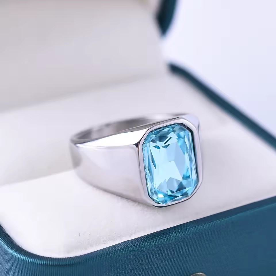 Men’s Ring Stainless Steel Silver Color Red Gemstone Rectangle Shape Style