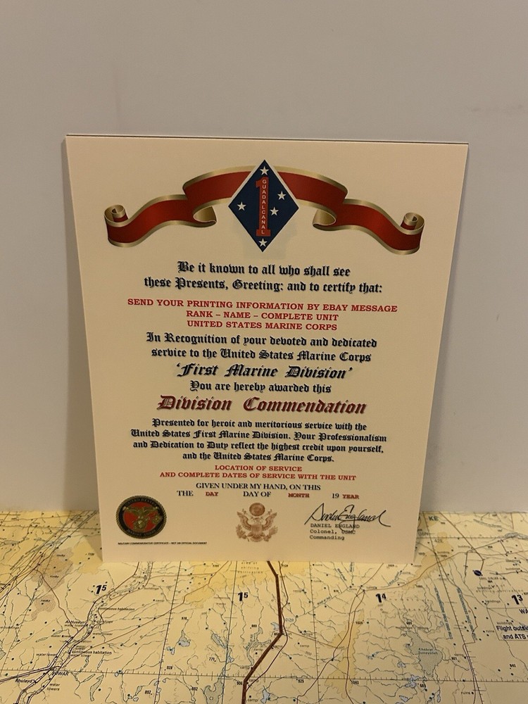 U.S.M.C. / FIRST MARINE DIVISION ~ DIVISION COMMENDATION REPLACEMENT CERTIFICATE