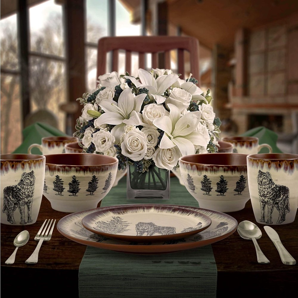 16-Pc Stoneware Dinnerware Set Wolf Design Round Plates Warm Taupe & Brown