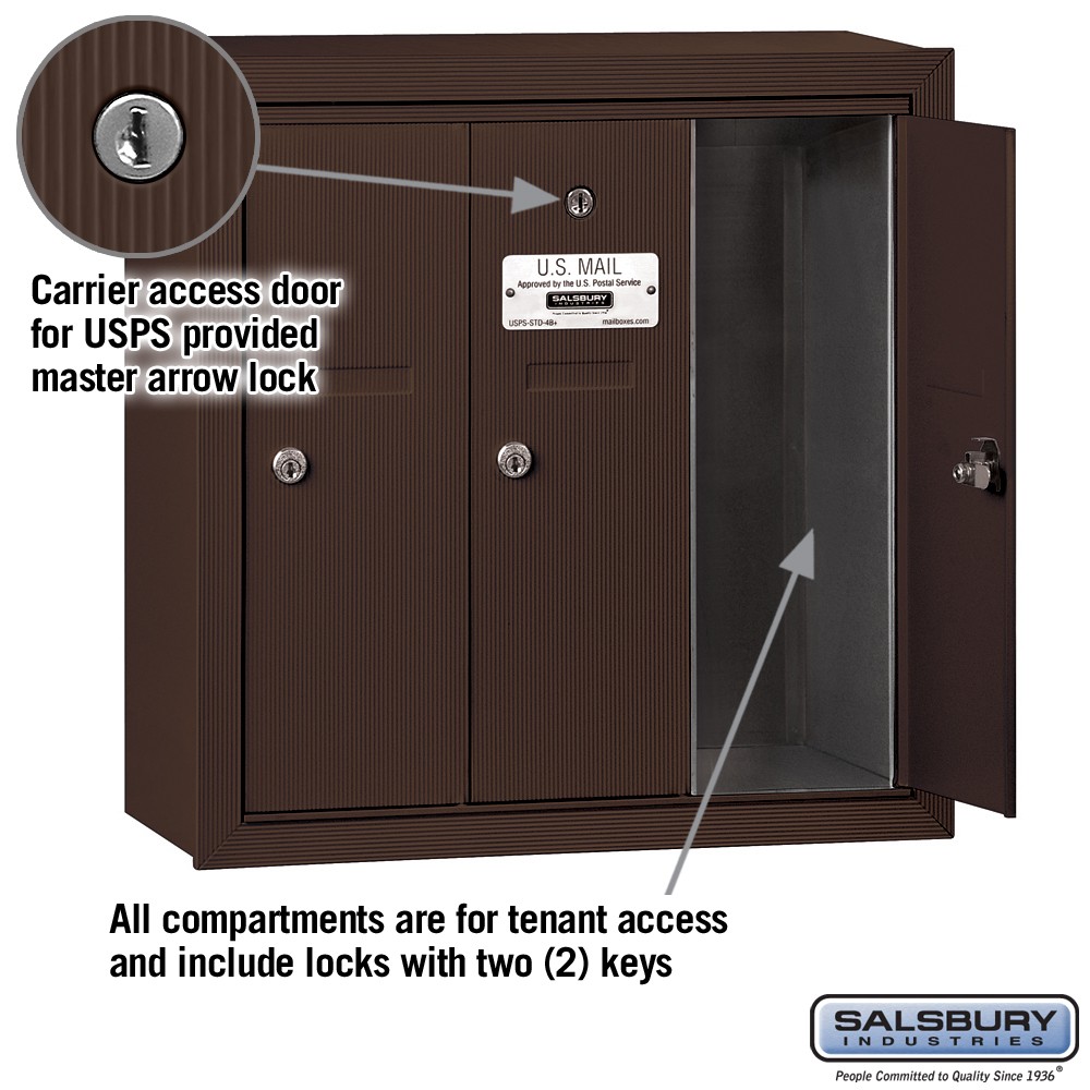 Salsbury Vertical Mailbox - 3 Doors - Bronze - Surface Mounted - USPS Access