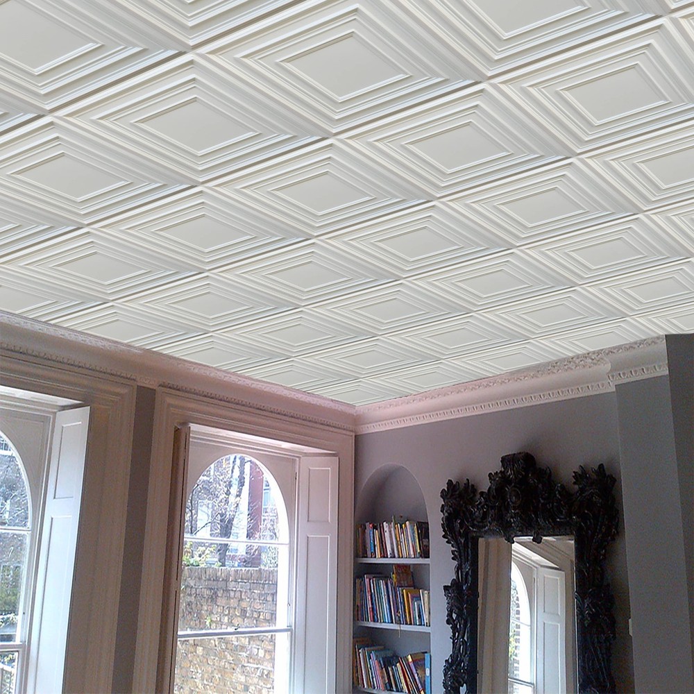 Dundee Deco Traditional Square Silver PVC 3D Decorative Ceiling Panel 2ft x 2ft