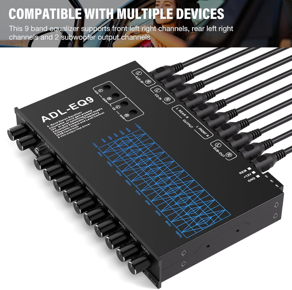 9 Band Car Audio Equalizer, Car Graphic Equalizer EQ W/Front, Rear +Sub Output,