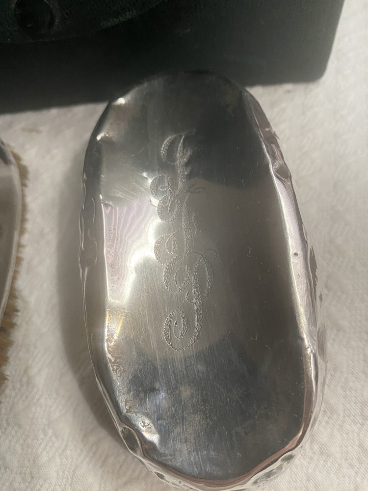 Pair Sterling Silver Brush Set - Marked Sterling Old Monogram In Case