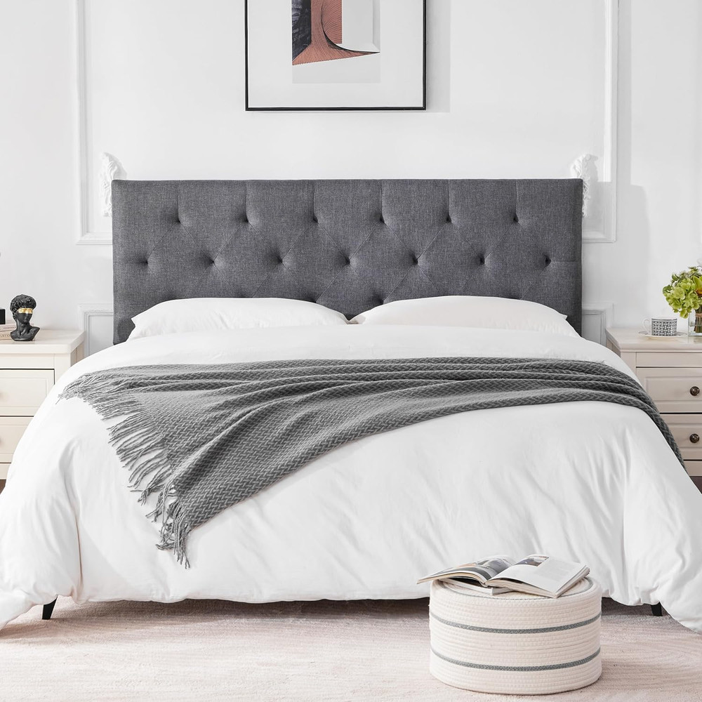 Linen Upholstered Headboard Queen Size, Modern Diamond Tufting Solid Wood Queen