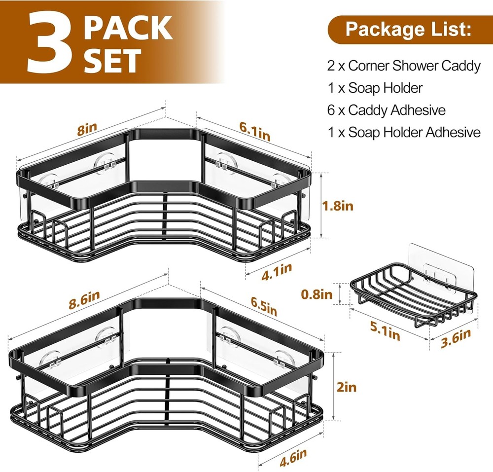 MAXIFFE 3 Pack Corner Shower Caddy with Soap Holder, Large Capacity Sturdy Easy