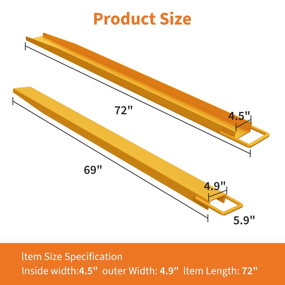 2Pcs 72" Length Heavy Duty Pallet Fork Extensions 4.5" Width Forklift Extensions