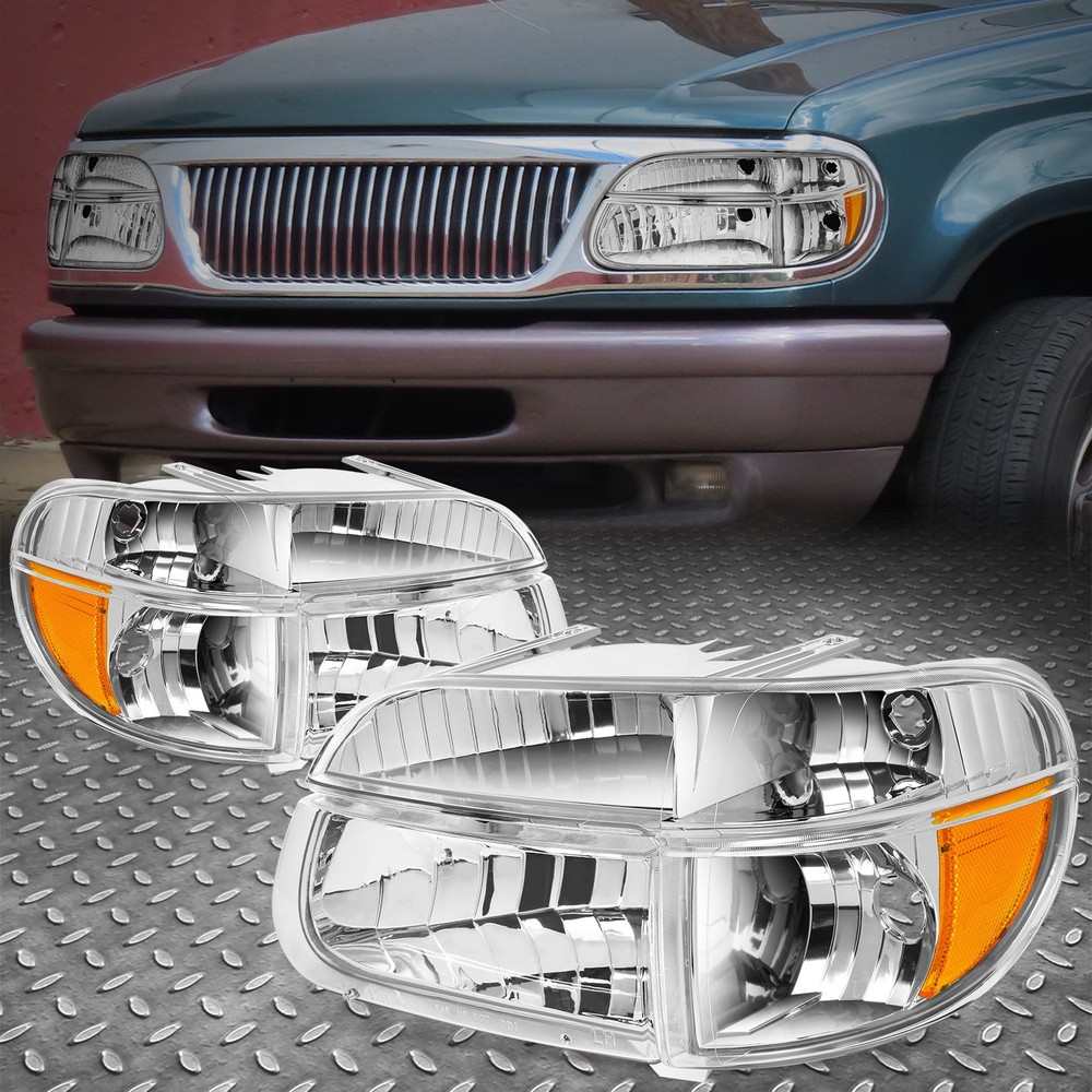 FOR 95-01 FORD EXPLORER CHROME HOUSING AMBER CORNER HEADLIGHT BUMPER HEAD LAMPS