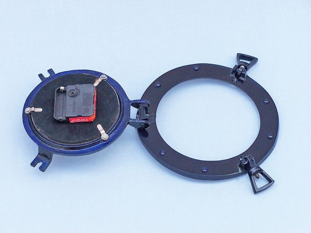 Brass Deluxe Class Porthole Clock 8" - Dark Blue