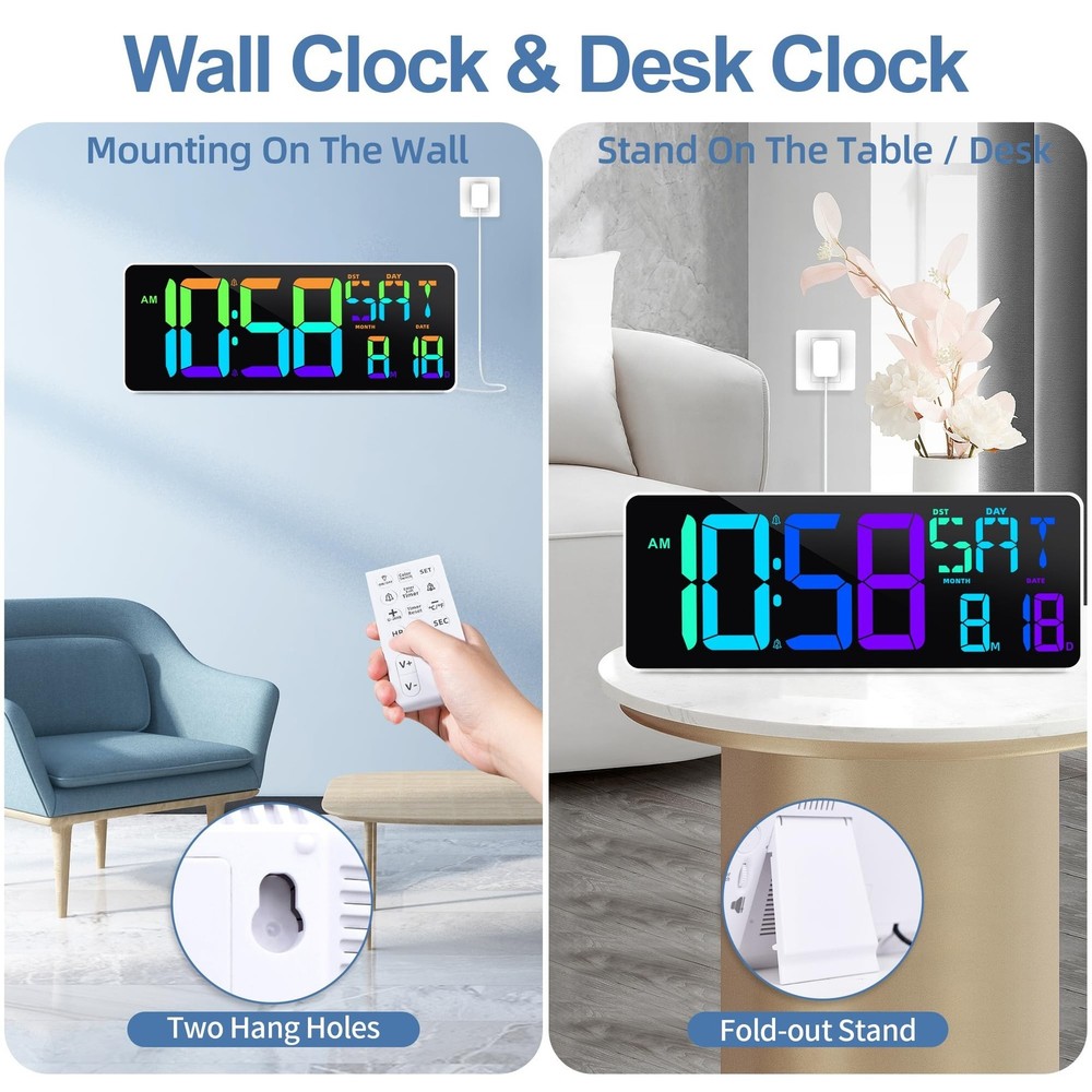 Large Digital Wall Clock Timer 13.5" Large Display Available In 11 Color Mode...