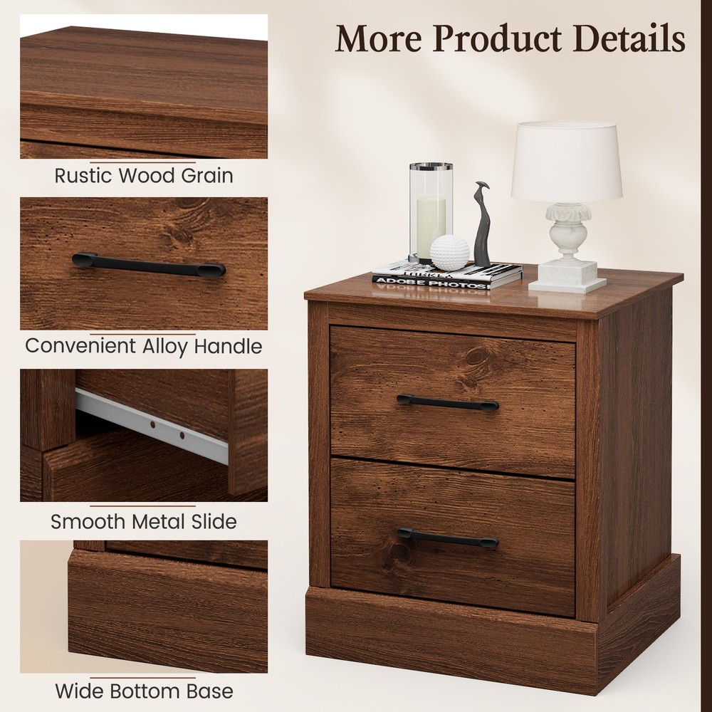 2 PCS 2 Drawer Compact Sofa End Table Nightstand Bedside Table Rustic Walnut