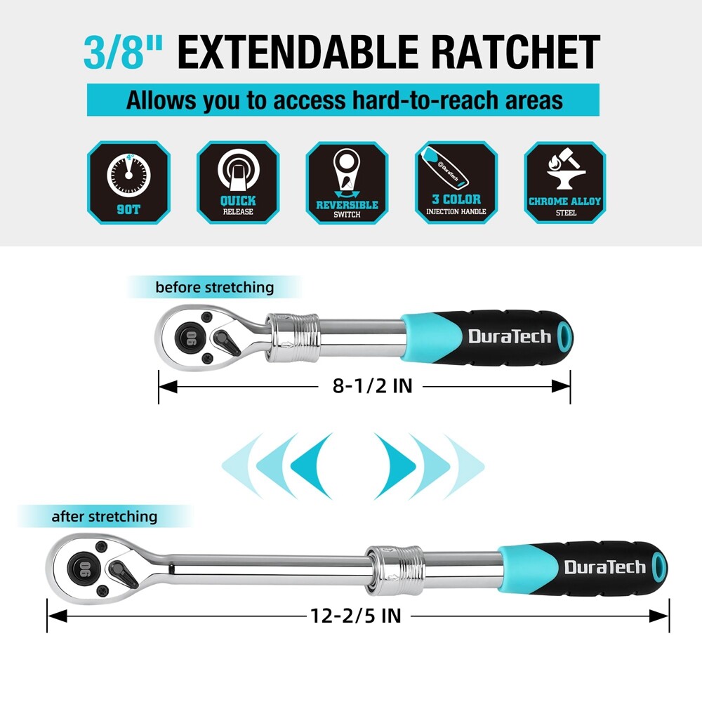 DURATECH 3/8" Drive Ratchet 90-Tooth Quick-release Extendable Ratchet 4 Sections