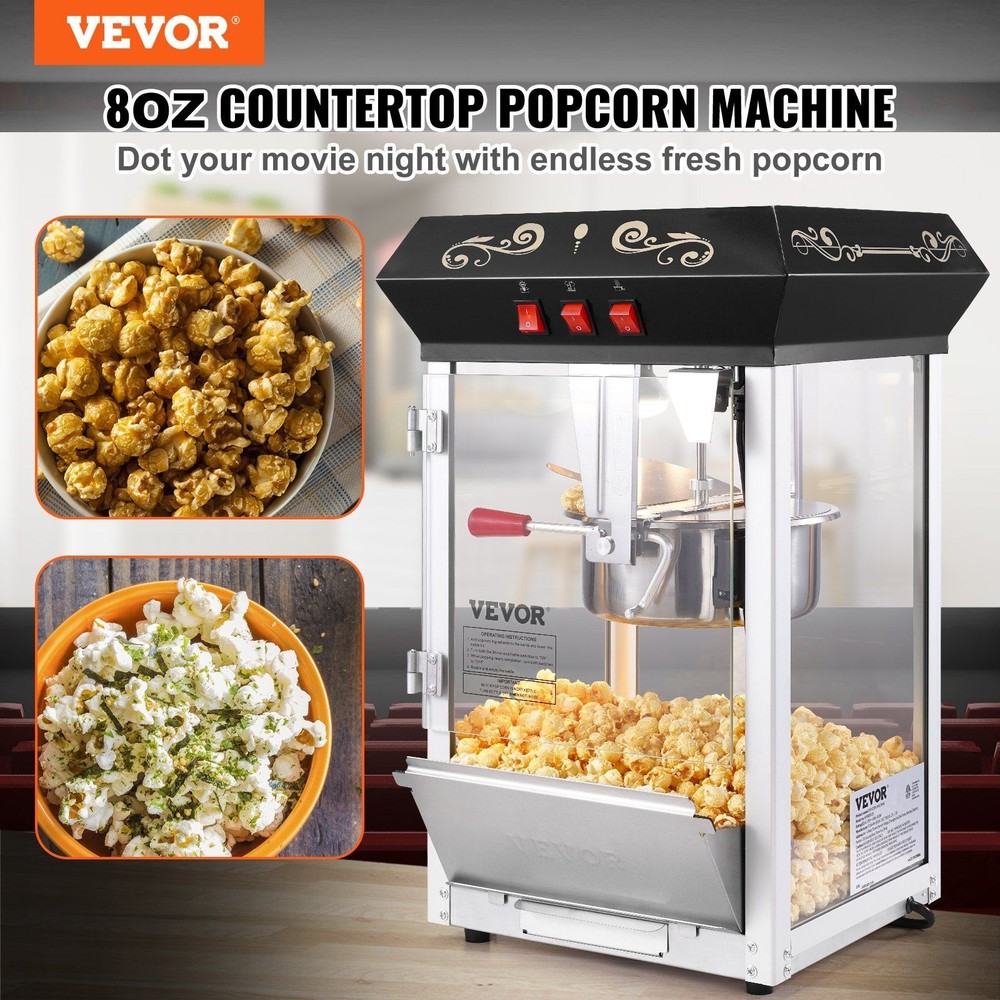 850W 8oz 48Cup Popcorn Popper Machine & Countertop Popcorn Maker Black
