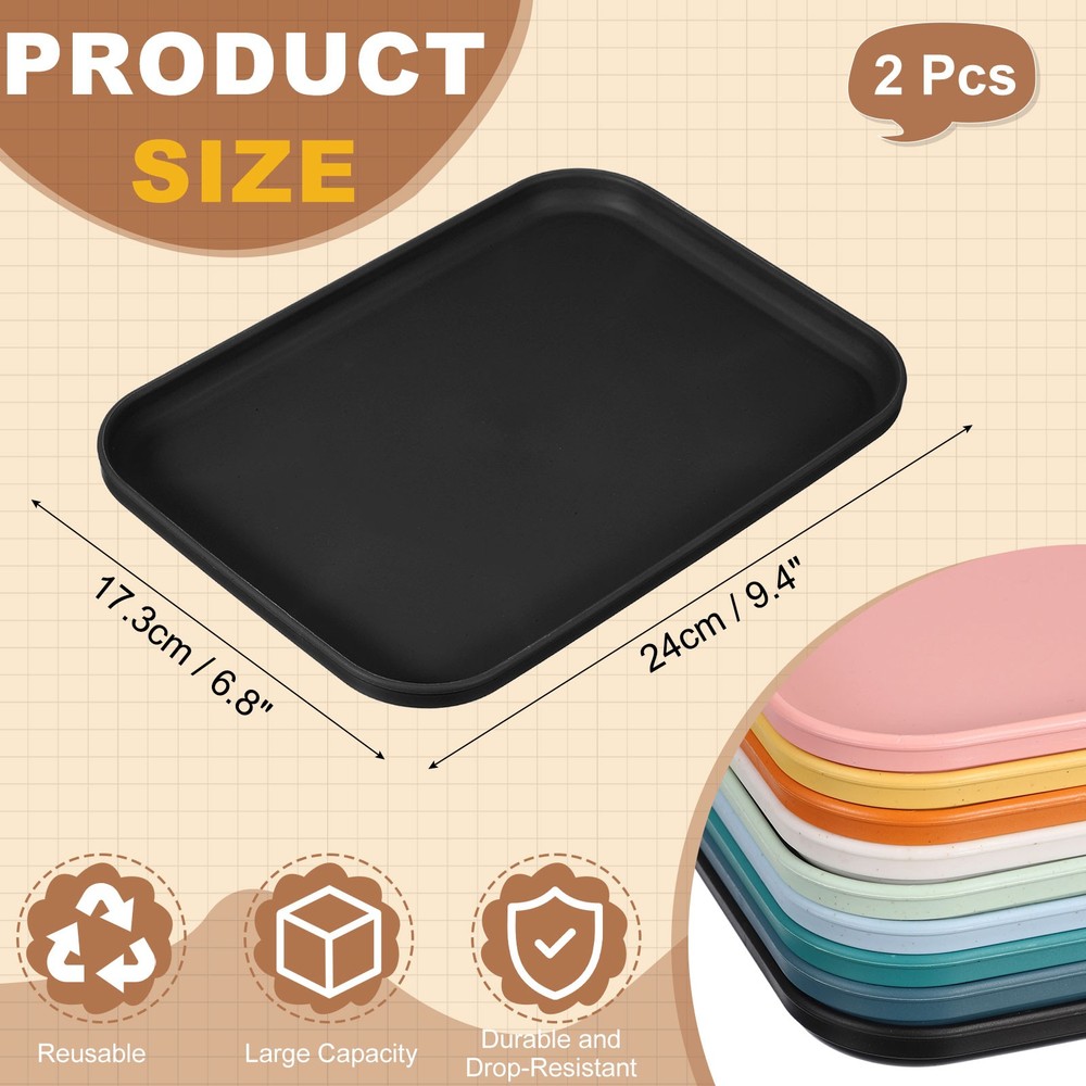 2Pcs Fast Food Serving Trays, 9.4x6.8" Rectangular Trays, Black